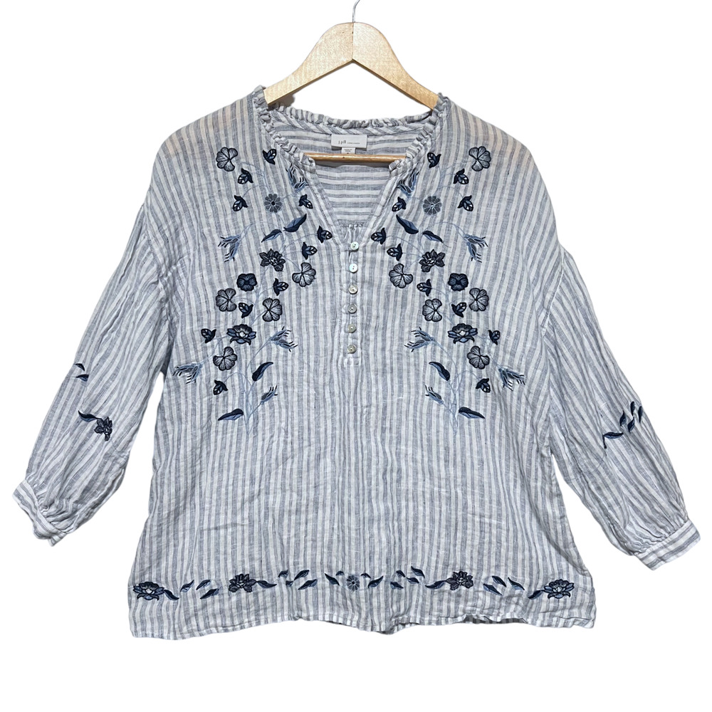 J. Jill Love Linen Top Medium Blue Floral Embroidered Striped 3/4 Sleeve Shirt